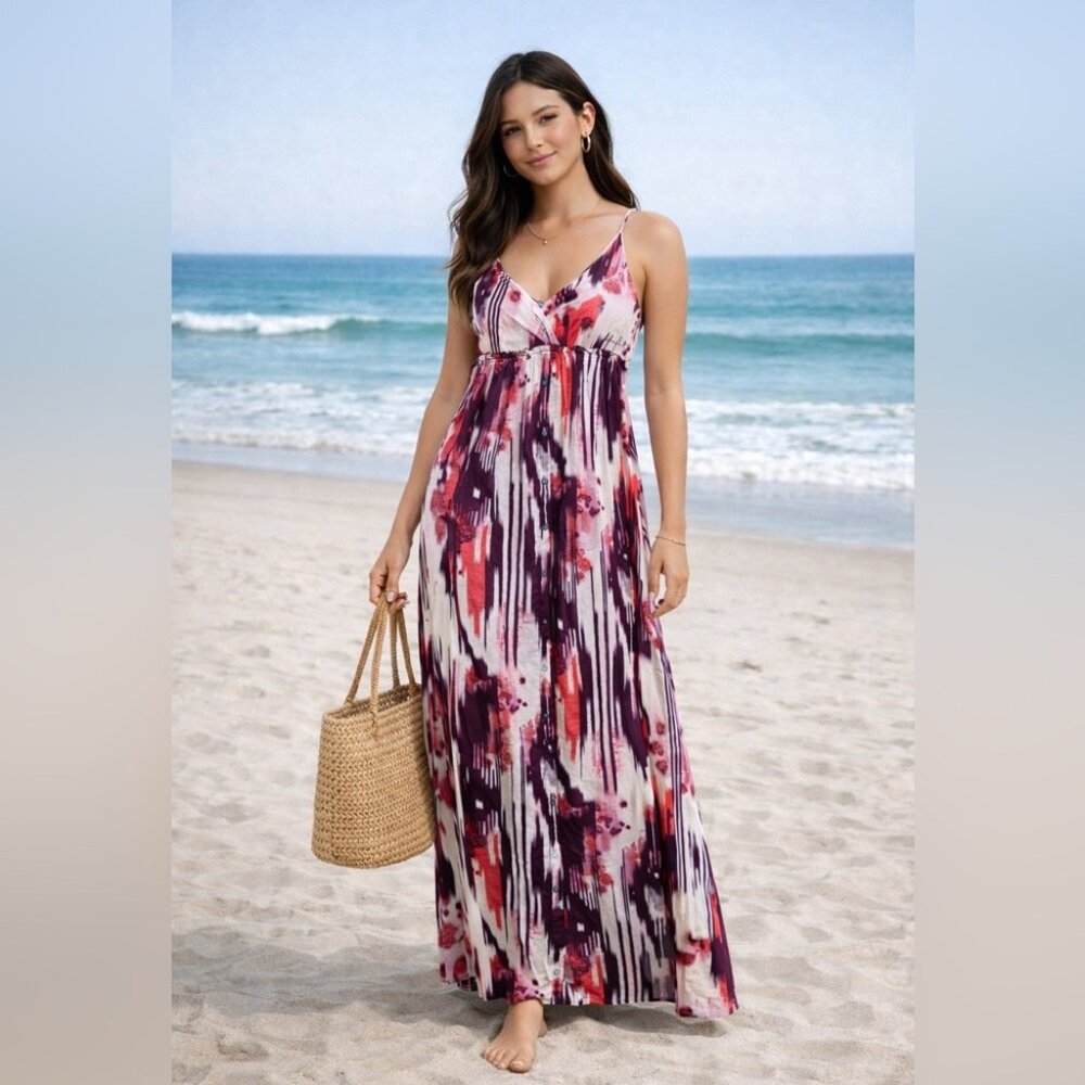 Firetrap Cotton Maxi Print Dress Red Abstract Beaded Straps Size S Boho Resort